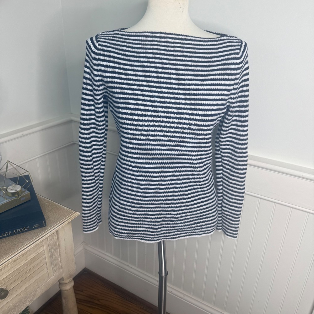 Lauren Ralph Lauren Navy White Striped Boat Neck Knit Sweater Long Sleeve Slim